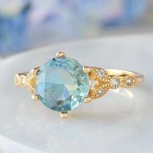 Aquamarine Blue & Teal Gold Ring Set, 925 Sterling Silver finished in 10k gold